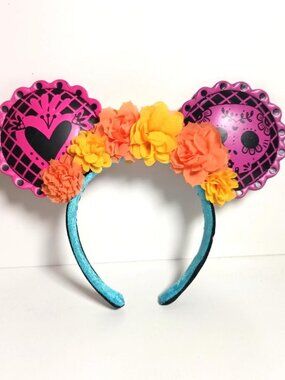 Disney Parks Coco Dia De Los Muertos Minnie Mouse Ears Headband Pink Marigold